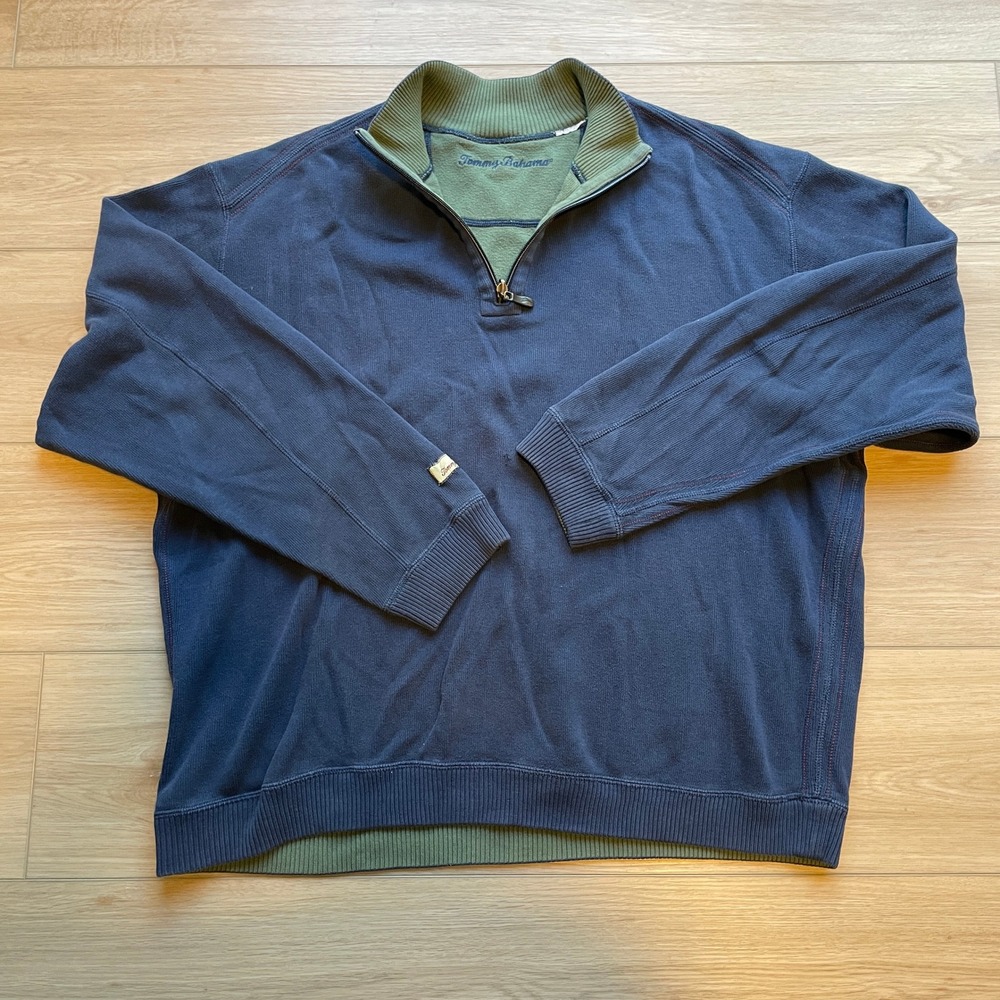 Tommy Bahama Mens Quarter Zip Pullover Sweater Navy Blue Olive Green XL